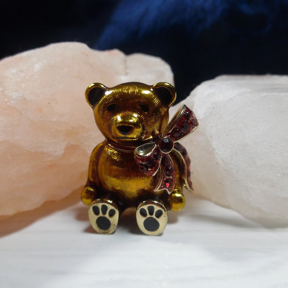 MONET TEDDY BEAR WITH RED RHINESTONE BOW BROOCH SIGNED